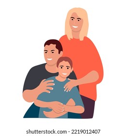 People Drawn In Vector And Isolated On White Background.Happy Family Of Mom,dad And Teen Son.Clipart For Design Postcards,posters,banners.Cartoon Flat Style Illustration.