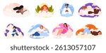 People dream in clouds, flying in sky set. Mental health and wellbeing calm collection with happy young male and female characters sleep and rest on clouds, cozy nap time cartoon vector illustration