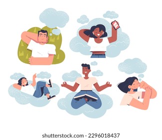 People dream in clouds. Men and women resting and relaxing. Young guy in lotus pose and girl with smartphone. Characters thinking. Cartoon flat vector illustrations isolated on white background