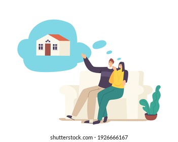 People Dream Of Real Estate. Young Married Couple Characters On Sofa Dreaming Of Family House. Cherished Desire Of Cottage, Imagination, Future Visualization Concept. Cartoon Vector Illustration