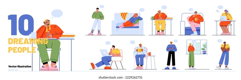 People dream, think while relax on couch and chair, look out window, standing and sitting at workplace. Diverse men and women with thought bubbles, vector flat illustration