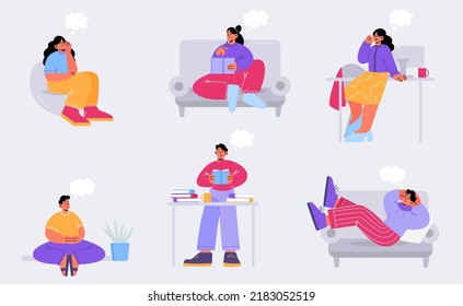 People dream while work in office, sleep, relax in bean bag chair and couch, read books. Vector flat illustration of happy men and women in different poses with thought bubbles