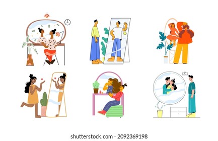 People dreaming about future near mirrors. Self perception and self esteem flat vector illustration set. Positive affirmations, psychology concept. Cartoon characters collections.  