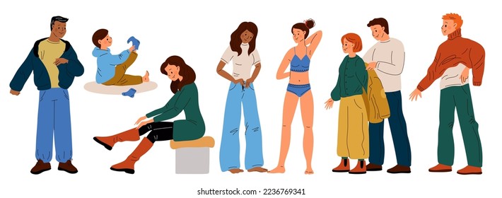 People dress up. Funny guys or girls put on clothes. Persons try on trousers. Fashionable jackets and sweaters. Fitting room. Casual clothing wear. Help to dressing coat