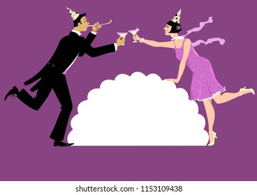 People dressed in 1920 fashion celebrating new year or a birthday, having campaign or cocktails, EPS 8 vector illustration, copy space in a cartouche