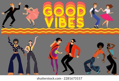 People dressed in 1970 fashion dancing in a club. Vector illustration,