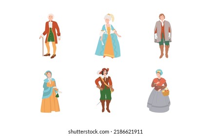 People dressed in ancient clothes of the 18th century set vector illustration