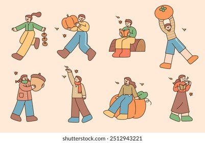 People dressed in autumn clothes are holding pumpkins, persimmons, and acorns, or reading books. outline simple vector illustration.