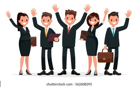 People dressed in a business suit with his hands up. Business team on a white background. Vector illustration in a flat style