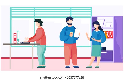 People dressed in casual clothes are sitting at the table with laptop and talking. Office workers discussing matters. Business meeting and consideration of working issues. Friendly team work