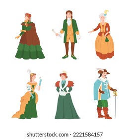 People dressed clothing of 18th century set. Men and women in medieval fashion vintage dress, historical clothes vector illustration