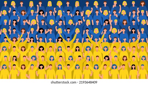 People dressed in the colors of the Ukrainian flag. Men and women in the form of a flag. Peace and victory! Vector flat illustration for a banner.