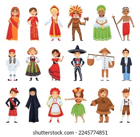 People dressed in costumes of various countries. Children in national costumes cartoon vector