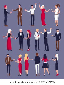 People dressed formally in evening clothes, holding glass of alcoholic drinks in their hands and having fun, represented on vector illustration