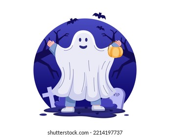 gente vestida con disfraces de fantasmas en halloween. La gente celebra Halloween usando disfraces de fantasmas. Adecuado para tarjeta de saludo, postal, banner, web, página de inicio, etc