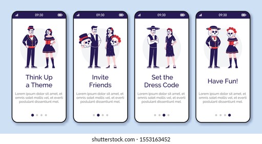 People dressed in holiday costumes onboarding mobile app screen vector template. Day of the Dead clothing. Walkthrough website steps, flat characters. UX, UI, GUI smartphone cartoon interface concept