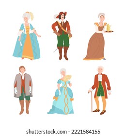 Gente vestida de vintage de moda medieval, ropa histórica e ilustración vectorial