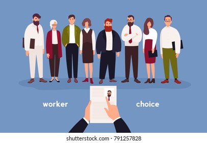 People dressed in office clothing standing in row in front of person with CV in hands. Concept of choice of worker, staff recruitment or employee hiring. Flat cartoon colorful vector illustration.