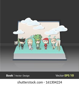 People dressed on popup book. Vector illustration. 