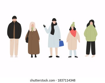 People dressed in outerwear isolated on white background. Flat cartoon characters wearing winter clothing.
