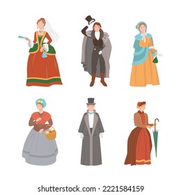 Gente vestida con ropa renacentista. Hombres y mujeres en traje vintage de moda medieval, ilustración vectorial de ropa histórica