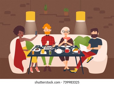 People dressed in stylish clothing sitting at restaurant table and staring at screens of their laptop and smartphones. Concept of addiction to electronic devices and gadgets. Vector illustration.