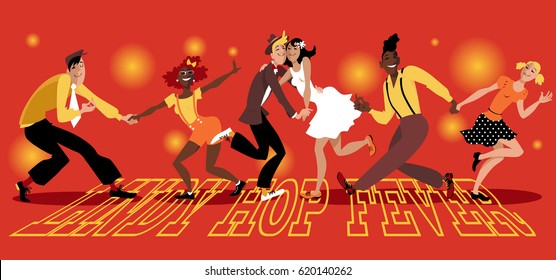 People dressed in vintage fashion dancing swing, "Lindy Hop Fever" is written on the dance floor, EPS 8 vector illustration, no transparencies, no mesh