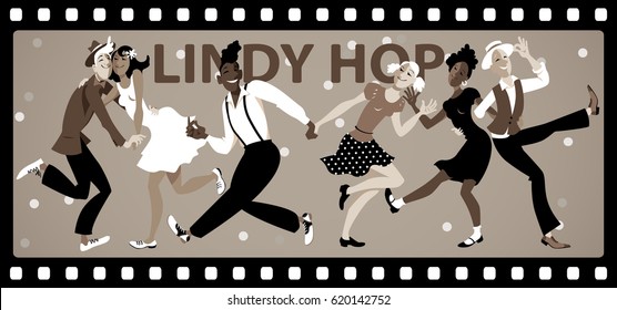 People dressed in vintage fashion dancing in an old black and white movie film frame, EPS 8 vector illustration