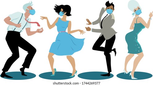 Gente vestida de moda vintage y máscaras protectoras de cara bailando el Twist, ilustración vectorial EPS 8  