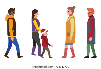 People dressed in warm clothes, family consisting of mother and kid, men in coats and boots, woman with hairstyle, isolated on vector illustration