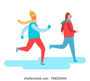 People dressed in warm clothes skiing together on ice, men and race competition, winter activities and sports vector illustration isolated on white