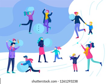 People dressed in winter clothes or outerwear performing outdoor activities fun. Snow festival. Christmas couple and family with kids making snowman, wintertime men and woman relaxing outdoors in park