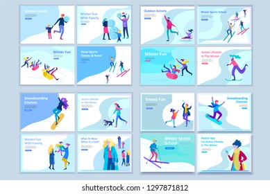 People dressed in winter clothes or outerwear performing outdoor activities fun. Snow festival, sledding and snowboard. Christmas family ski skating, making snowman, skiing wintertime extreme sport