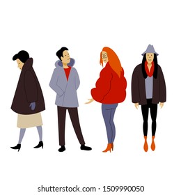 People dressed in winter clothes or outerwear, walks and stand in different poses. Vector flat cartoon illustration.