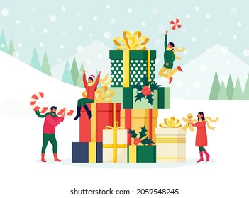 People dressed in winter clothes shopping for Christmas holiday. Christmas sale concept. Women and men pack, prepare and give gifts boxes. Anticipation of celebration Xmas, New Year. Vector design