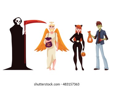 People dresses in death, monster, angel and cat woman Halloween costumes, cartoon style vector illustration isolated on white background. 