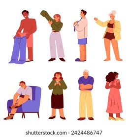 Gente disfrazándose y probándose la ropa, conjunto de ilustración vectorial de dibujos animados aislado sobre fondo blanco. Varias escenas con hombres y mujeres, personajes humanos en diferentes poses