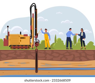 Concepto de pozos de perforación. excavaciones geológicas. Bueno, bomba líquida. Sistema de abastecimiento de agua. Estructura del suelo y del suelo. Afiche o cartel para el sitio web. Dibujo vectorial plano de dibujos animados