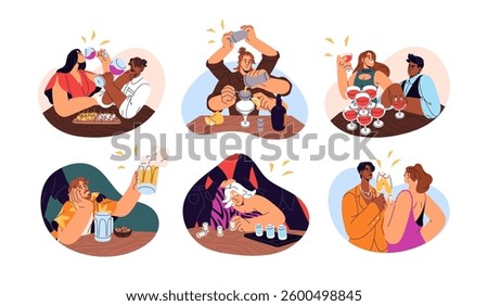 People drink alcohol set. Drunk men and women booze abuse. Characters celebrate party, cheers with glasses of beverages: wine, beer, champagne, cocktails. Flat isolated vector illustrations on white