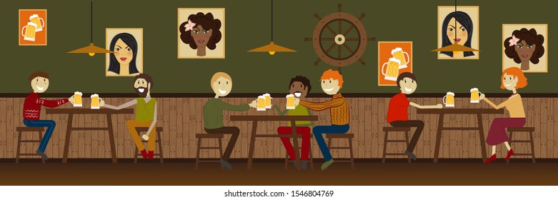 People drink beer in the bar. Cartoon color composition