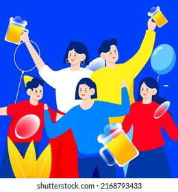 People drink beer in celebration of festival, Oktoberfest with ice cubes and people in background, vector illustration