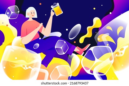 People drink beer in celebration of festival, Oktoberfest with ice cubes and people in background, vector illustration