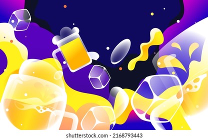 People drink beer in celebration of festival, Oktoberfest with ice cubes and people in background, vector illustration