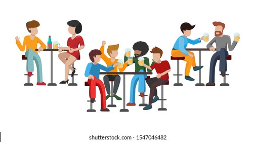 People Drink Beer. Friends Are Sitting On High Bar Stools. Three Tables. Two Pairs Of Characters Talk. A Woman Is Drinking Wine With A Man. Group Of 4 Friends Raise A Toast. Vector Flat Illustration.