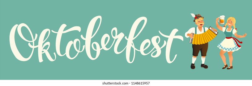 People Drink Beer Oktoberfest Party Celebration man and woman Wearing Traditional Clothes Fest Concept flat. Vector Illustration.