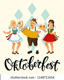 People Drink Beer Oktoberfest Party Celebration man and woman Wearing Traditional Clothes Fest Concept flat. Vector Illustration.