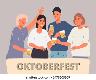 People drink beer in Oktoberfest party celebration. Friends have fun, they are happy to meet together, clinking mugs, smiling, laughing. Cartoon style vector illustration for banner, web, posters