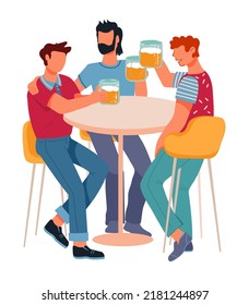 People drink beer sitting at table and chatting, flat cartoon vector illustration isolated on white. Friends in bar or pub.