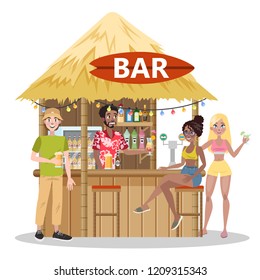 People drink cocktail at the beach bar. Summer paradise at the ocean or sea. Vacation in tropical side. Vector illustration isolated in cartoon style