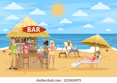 People drink cocktail at the beach bar. Summer paradise at the ocean or sea. Vacation in tropical side. Woman sunbathe in lounge. Vector illustration in cartoon style